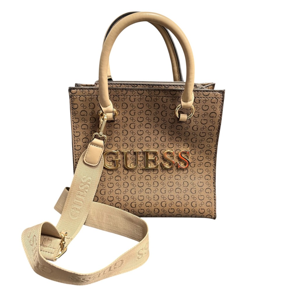 Guess Monogram Logo Satchel Crossbody Bag Brown Tan Gold Tone Hardware 9x9x4